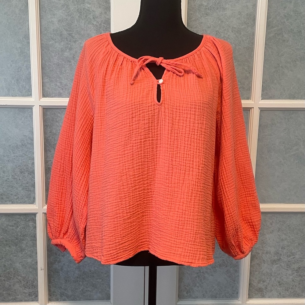 Universal Thread Size Large Gauzy Balloon-Sleeve Popover Blouse Coral Red Boho